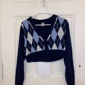H&M Navy Blue Argyle Cropped Cardigan